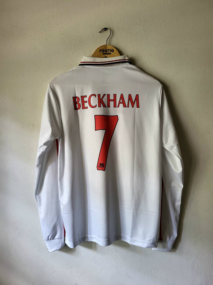 BECKHAM MAN UNITED AWAY KIT 1998-99 COLLAR ZIP FULL SLEEVE PREMIUM EMBROIDERY, white jersey 