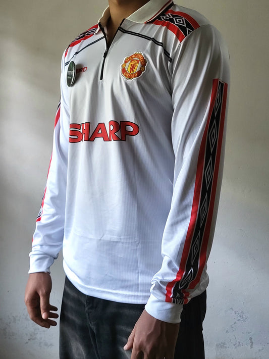 BECKHAM MAN UNITED AWAY KIT 1998-99 COLLAR ZIP FULL SLEEVE PREMIUM EMBROIDERY, trending jersey, white full sleeve 
