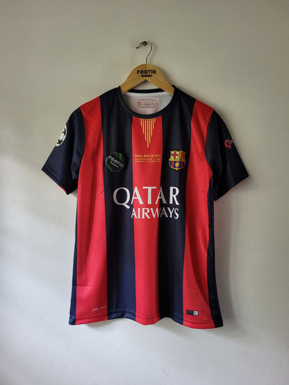A vintage FC Barcelona home soccer jersey with red and navy blue vertical stripes, featuring the 'Qatar Airways' sponsor logo, hanging on a wooden hanger against a plain wall.