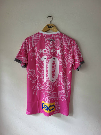 Pink Neymar Jr. number 10 soccer jersey with a white dragon graphic, hanging on a wooden hanger against a plain wall.
