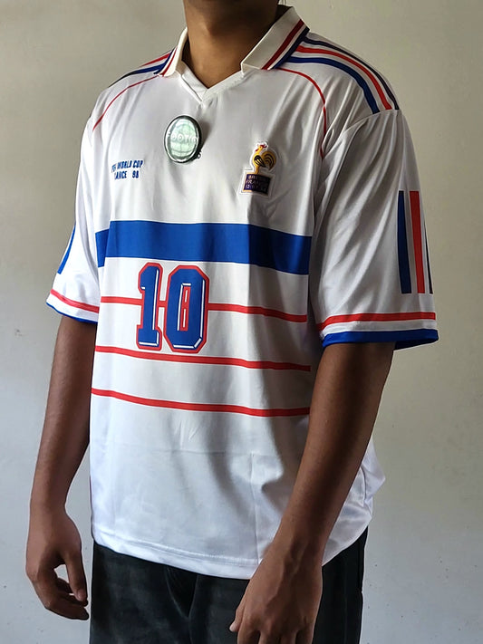 Zidane France 1998 World Cup Away Kit Collar Five Sleeve Premium Embroidery, Zidane oversized jersey, most selling, trending jersey, jersey fits, FIVE SLEEVE 